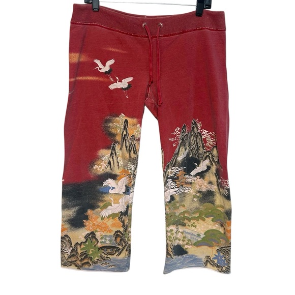Y2K lucky brand M-L sweatpants cropped crane AOP Asian graphic indie vintage - Picture 15 of 16